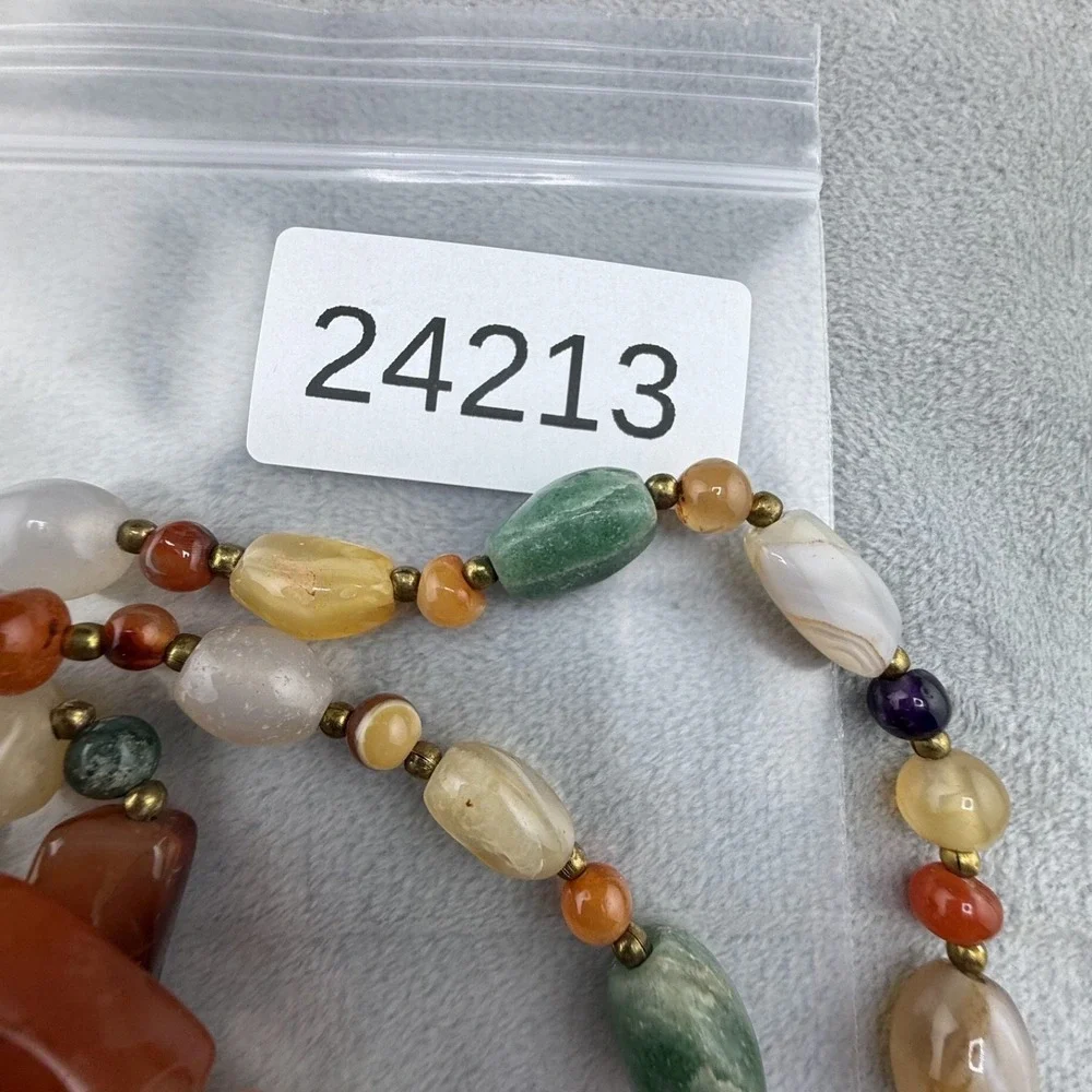 Vintage Beggers Beaded Necklace Polished Stone Flapper Opera 34